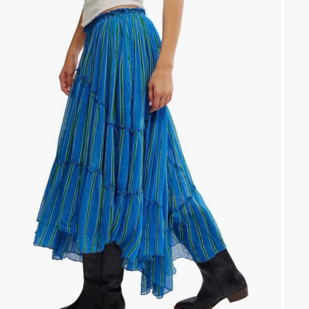 Free People One Ember Skirt Lg Tiered Stripe Midi Asymmetric Layered Ruffles